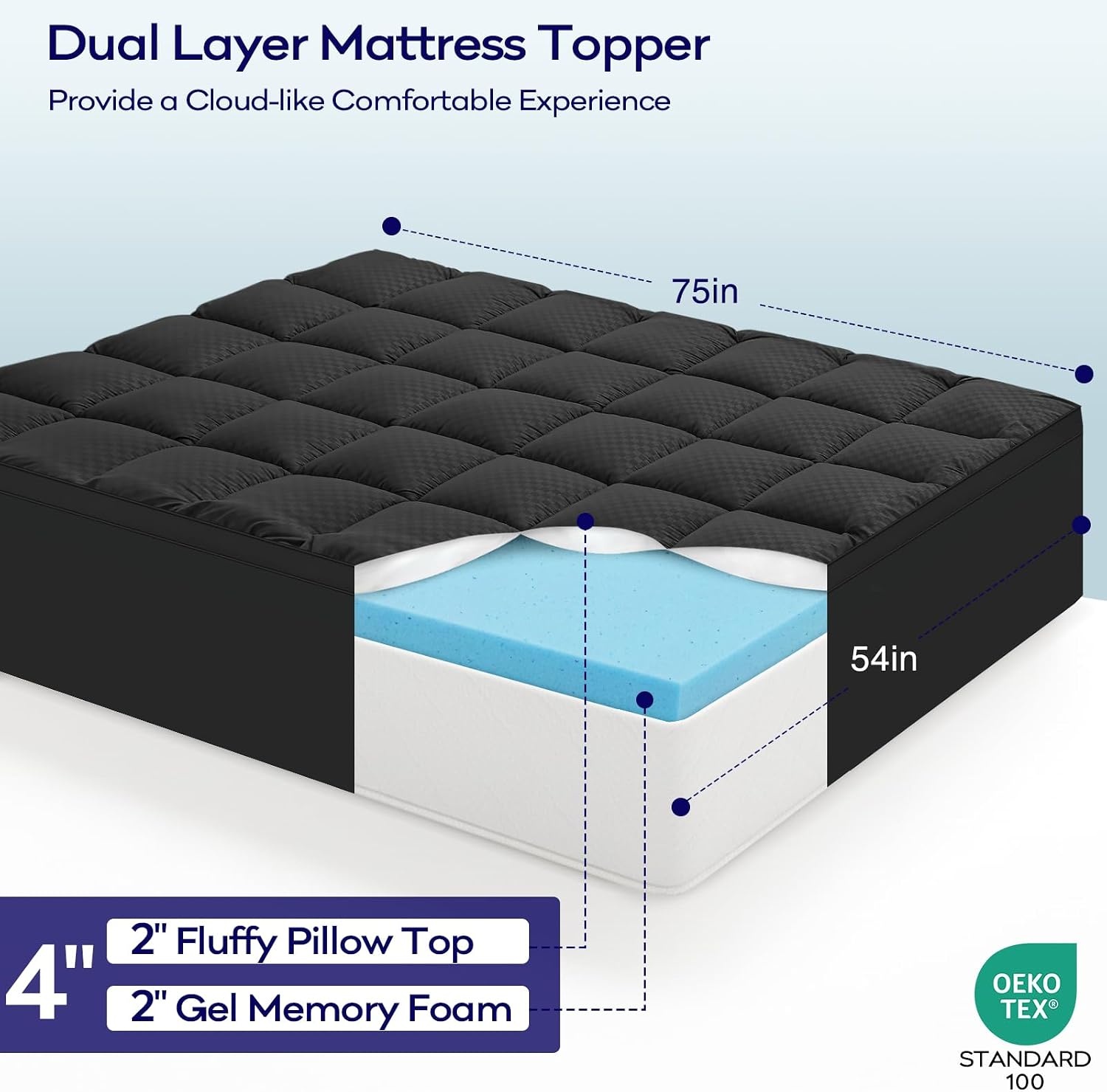 image:imageOLANLY 4 Inch DualLayer Mattress Topper Gel Memory Foam WhiteBlack