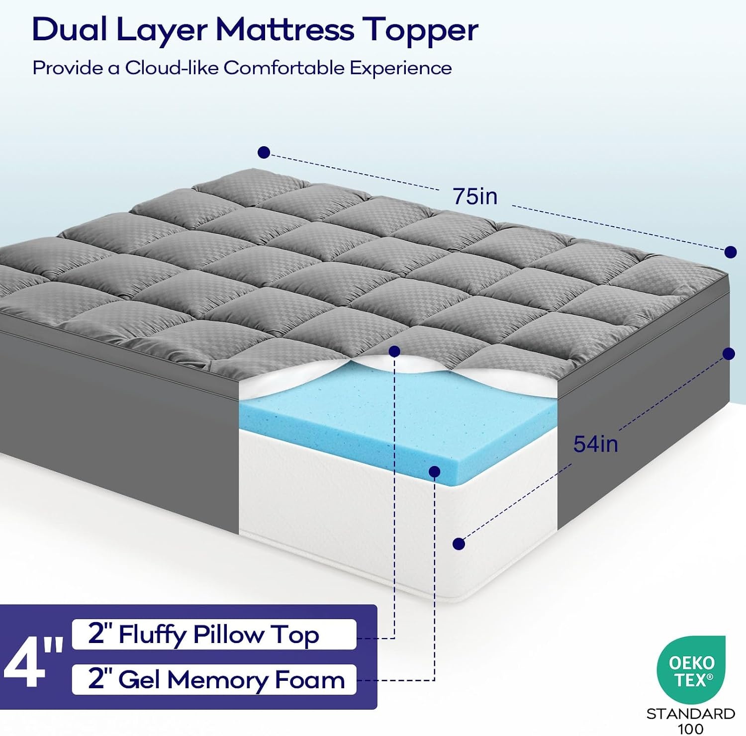 image:imageOLANLY 4 Inch DualLayer Mattress Topper Gel Memory Foam WhiteGray