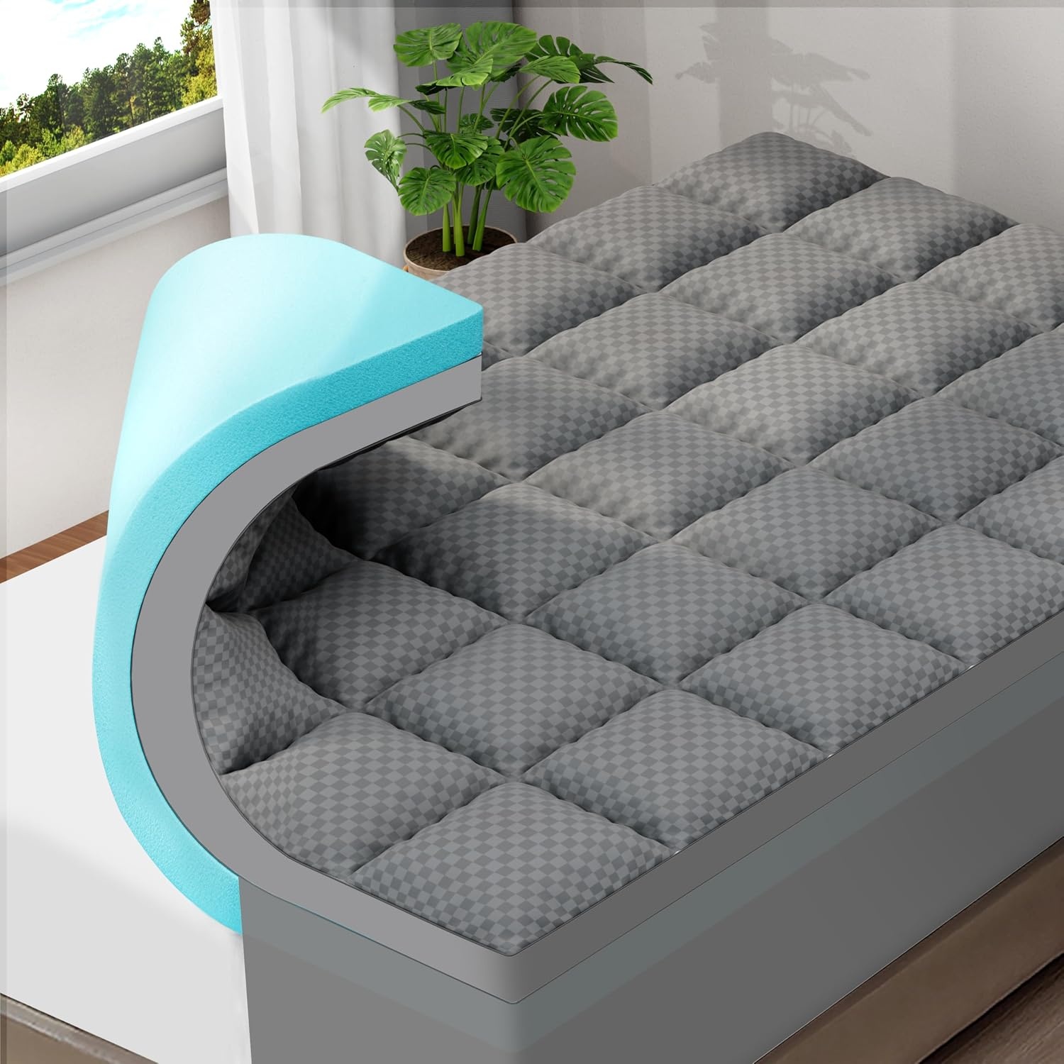 image:imageOLANLY 4 Inch DualLayer Mattress Topper Gel Memory Foam WhiteGray