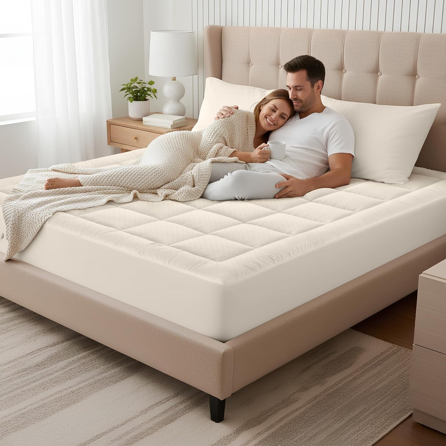 image:imageOLANLY King Quilted Fitted Mattress Pad Soft Pillow Top Mattress Topper Down Alternative Fill Cooling Comfort Breathable Mattress Cover Machine Washable Deep Pocket Mattress Protector WhiteIvory