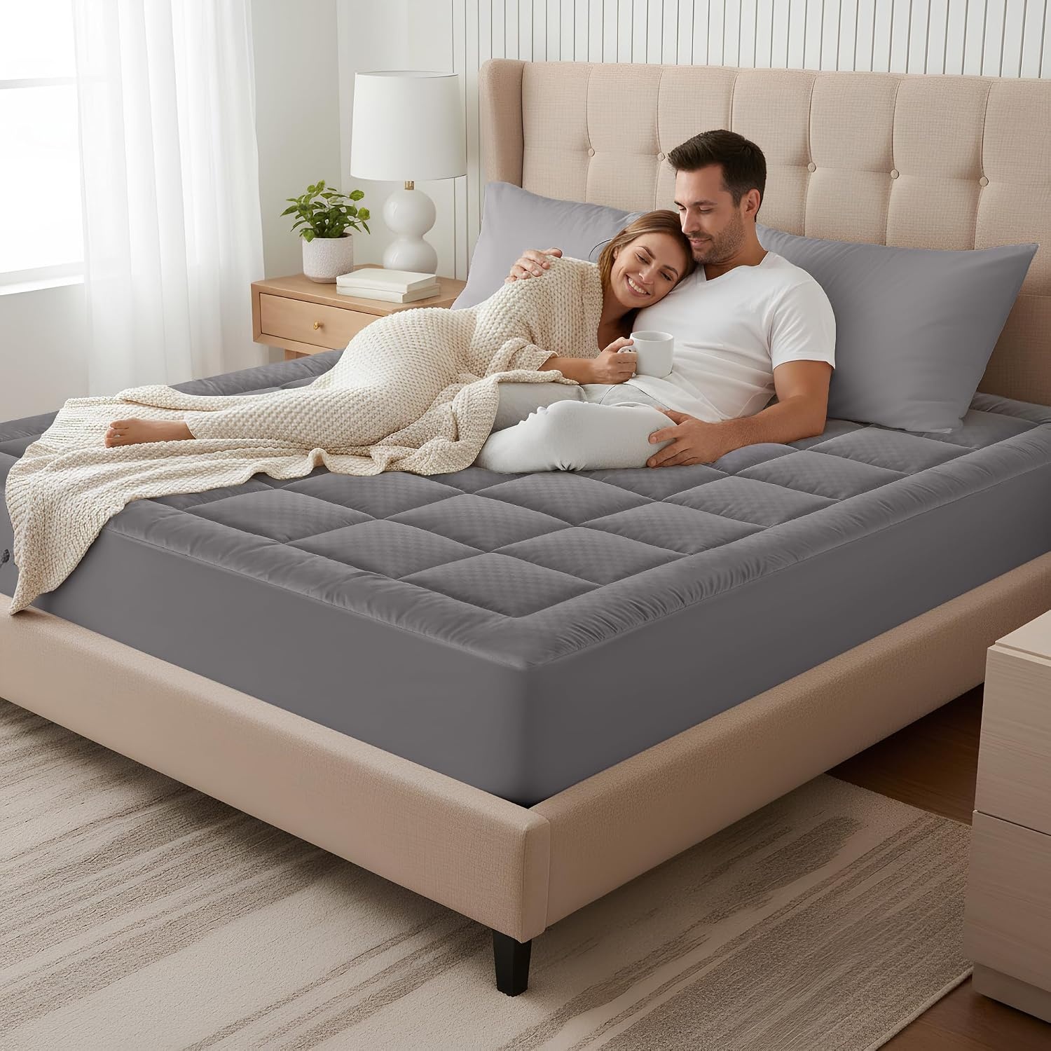 image:imageOLANLY King Quilted Fitted Mattress Pad Soft Pillow Top Mattress Topper Down Alternative Fill Cooling Comfort Breathable Mattress Cover Machine Washable Deep Pocket Mattress Protector WhiteDark Grey