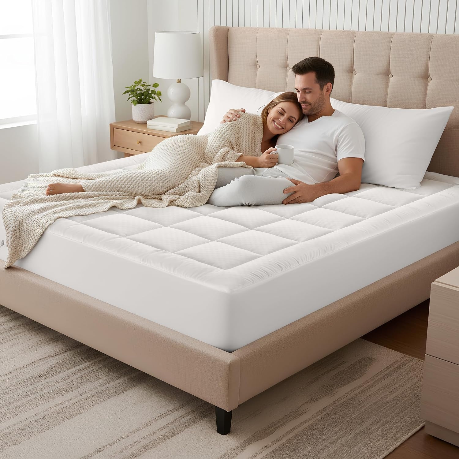 image:imageOLANLY King Quilted Fitted Mattress Pad Soft Pillow Top Mattress Topper Down Alternative Fill Cooling Comfort Breathable Mattress Cover Machine Washable Deep Pocket Mattress Protector WhiteOff White