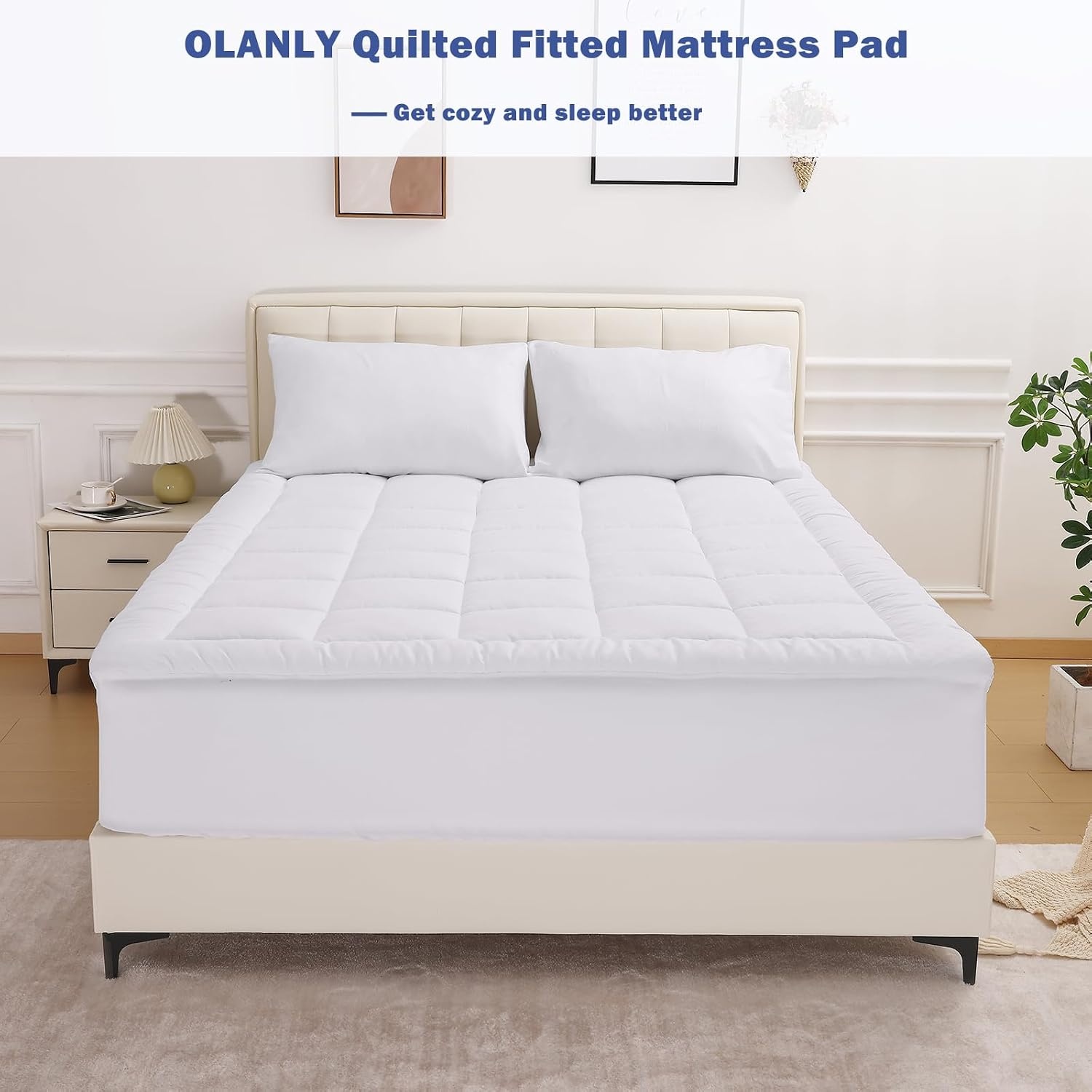 image:imageOLANLY King Quilted Fitted Mattress Pad Soft Pillow Top Mattress Topper Down Alternative Fill Cooling Comfort Breathable Mattress Cover Machine Washable Deep Pocket Mattress Protector WhiteWhite