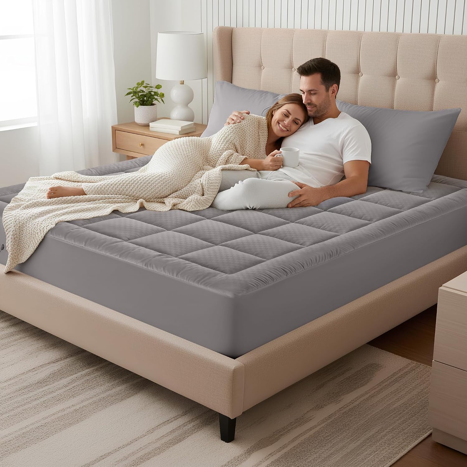 image:imageOLANLY King Quilted Fitted Mattress Pad Soft Pillow Top Mattress Topper Down Alternative Fill Cooling Comfort Breathable Mattress Cover Machine Washable Deep Pocket Mattress Protector WhiteLight Grey
