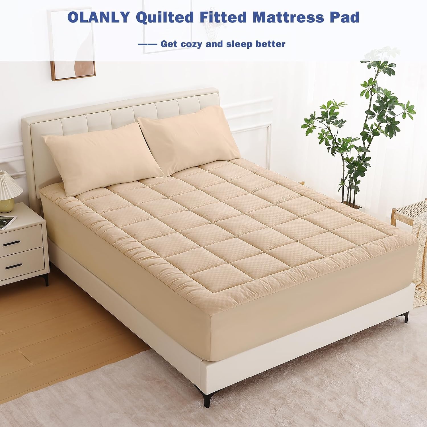 image:imageOLANLY King Quilted Fitted Mattress Pad Soft Pillow Top Mattress Topper Down Alternative Fill Cooling Comfort Breathable Mattress Cover Machine Washable Deep Pocket Mattress Protector WhiteBeige