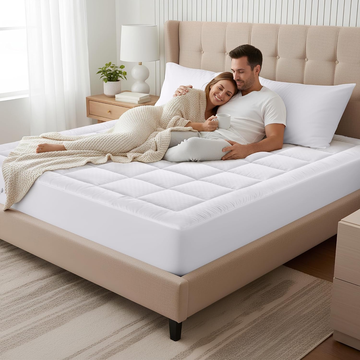 image:imageOLANLY King Quilted Fitted Mattress Pad Soft Pillow Top Mattress Topper Down Alternative Fill Cooling Comfort Breathable Mattress Cover Machine Washable Deep Pocket Mattress Protector WhiteWhite
