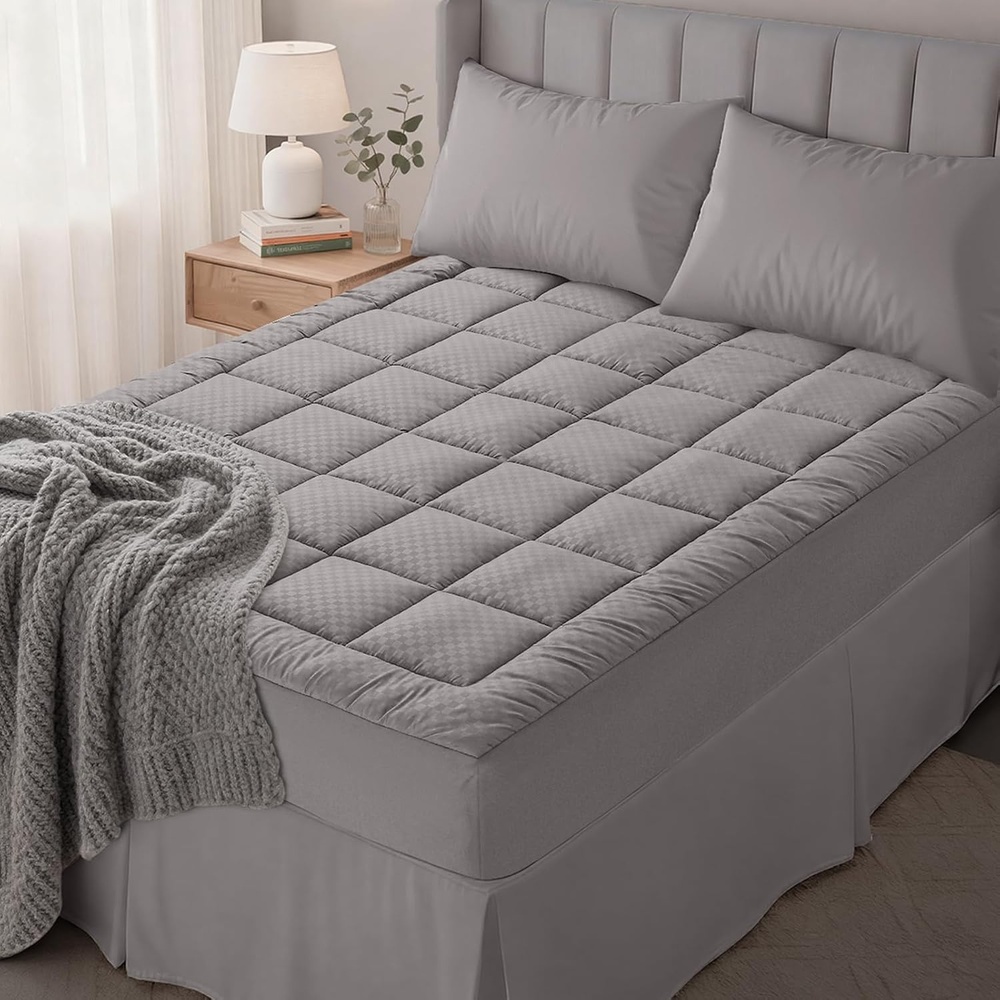 image:imageOLANLY King Quilted Fitted Mattress Pad Soft Pillow Top Mattress Topper Down Alternative Fill Cooling Comfort Breathable Mattress Cover Machine Washable Deep Pocket Mattress Protector WhiteLight Grey