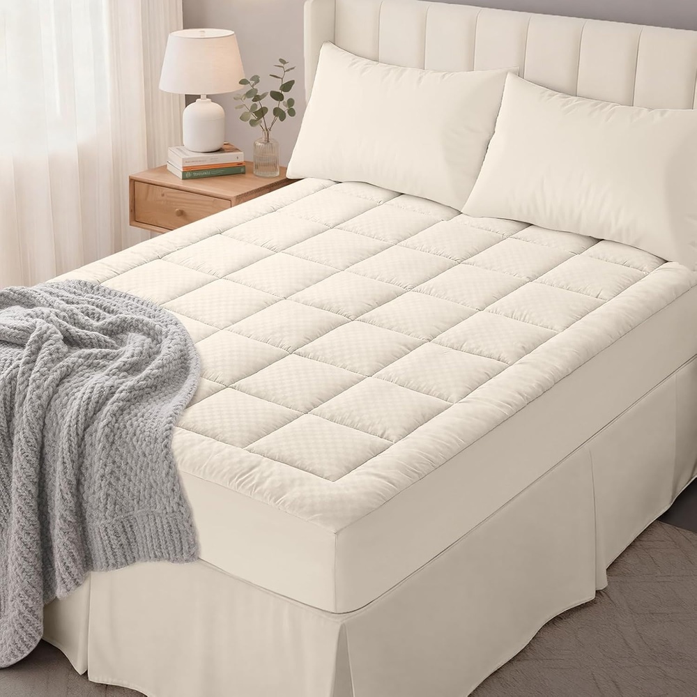 image:imageOLANLY King Quilted Fitted Mattress Pad Soft Pillow Top Mattress Topper Down Alternative Fill Cooling Comfort Breathable Mattress Cover Machine Washable Deep Pocket Mattress Protector WhiteIvory