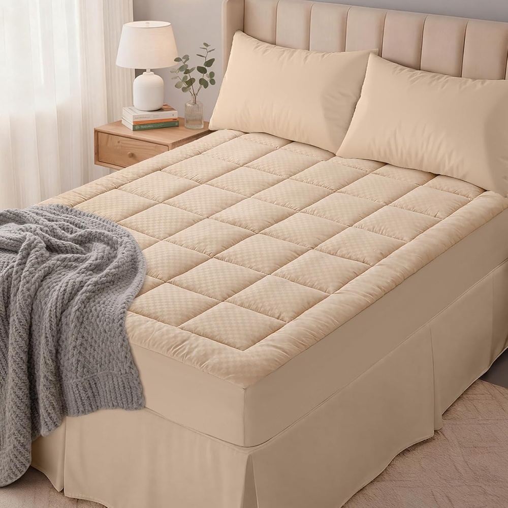 image:imageOLANLY King Quilted Fitted Mattress Pad Soft Pillow Top Mattress Topper Down Alternative Fill Cooling Comfort Breathable Mattress Cover Machine Washable Deep Pocket Mattress Protector WhiteBeige
